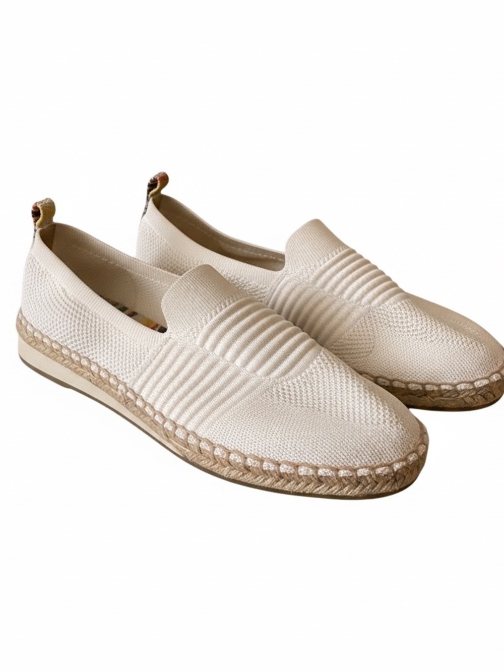 Sugar Cream Knit Espadrille Slip-Ons with Braided Jute Trim